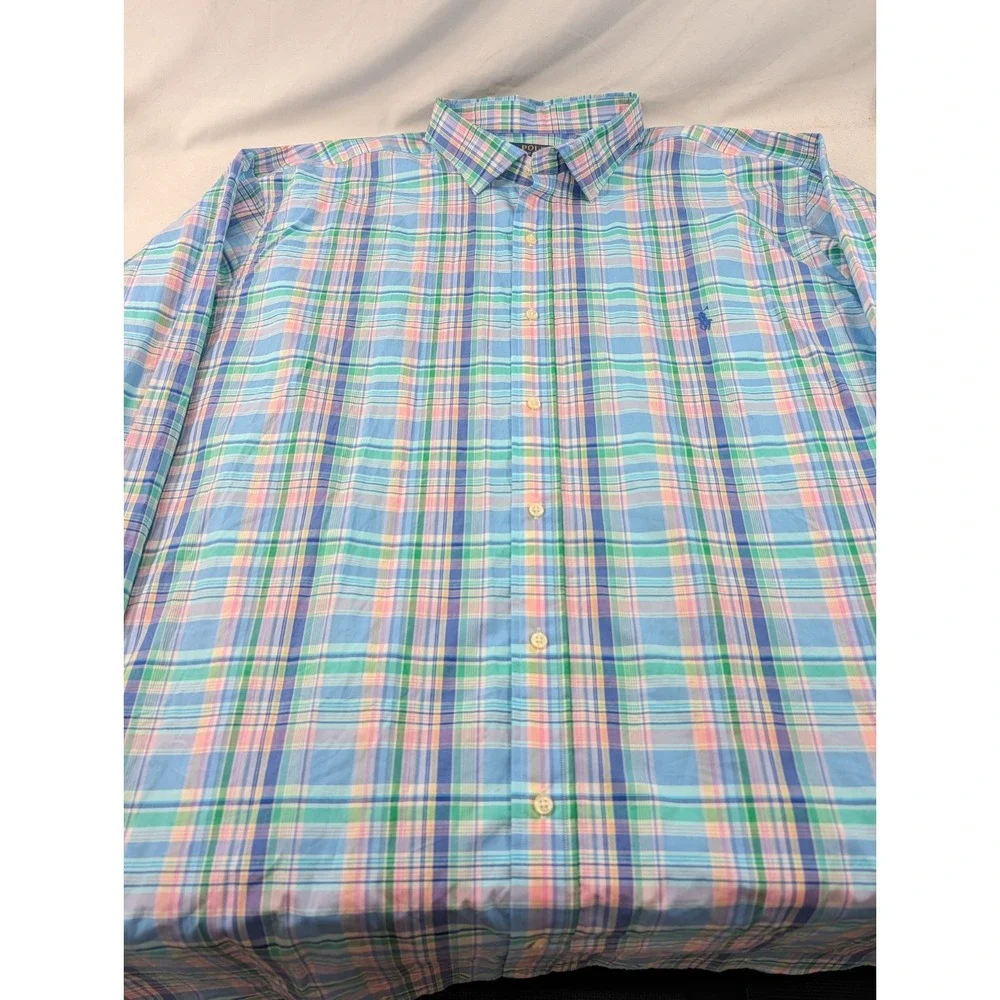 Ralph Lauren Men 4XLT Plaid Button Down Shirt  Blue Pink Check Long Sleeve Pony
